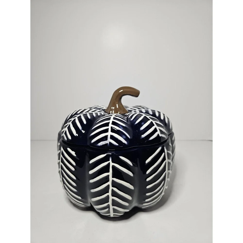Blue White Ceramic Pumpkin Lidded Candy Dish Jar Thanksgiving Fall Decor 7in
